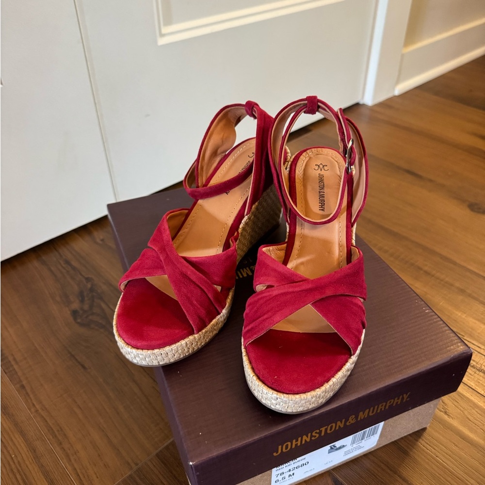 Johnston & Murphy Red Kid Suede Marcia Wedge Sandals